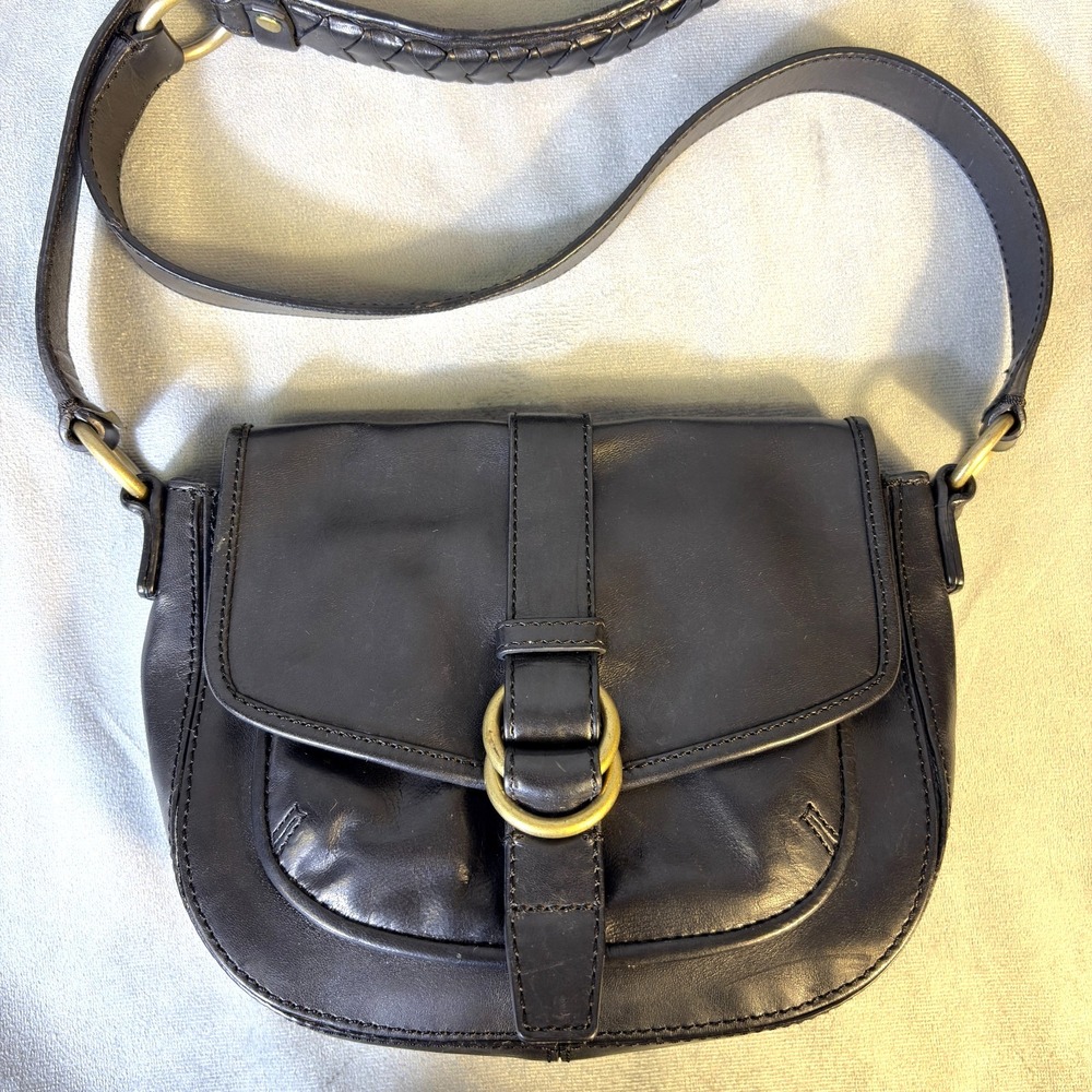 Cole Haan Small Black Leather Crossbody Saddle Bag Purse Timeless Classic Luxury